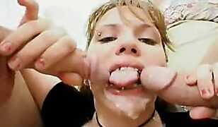 Busty Amateur Double Blow Threesome – Two Hung Guys Make Her Big Tits Bounce as They Share Her Mouth