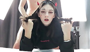 Devilish Cutie Gets Plowed on Halloween – Massive Creampie in Her Tight Cunt