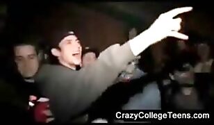 Scandalous College Party Scene: Brunette Bombshell Fucked Hard by a Frat Bro, Others Cheer Her On